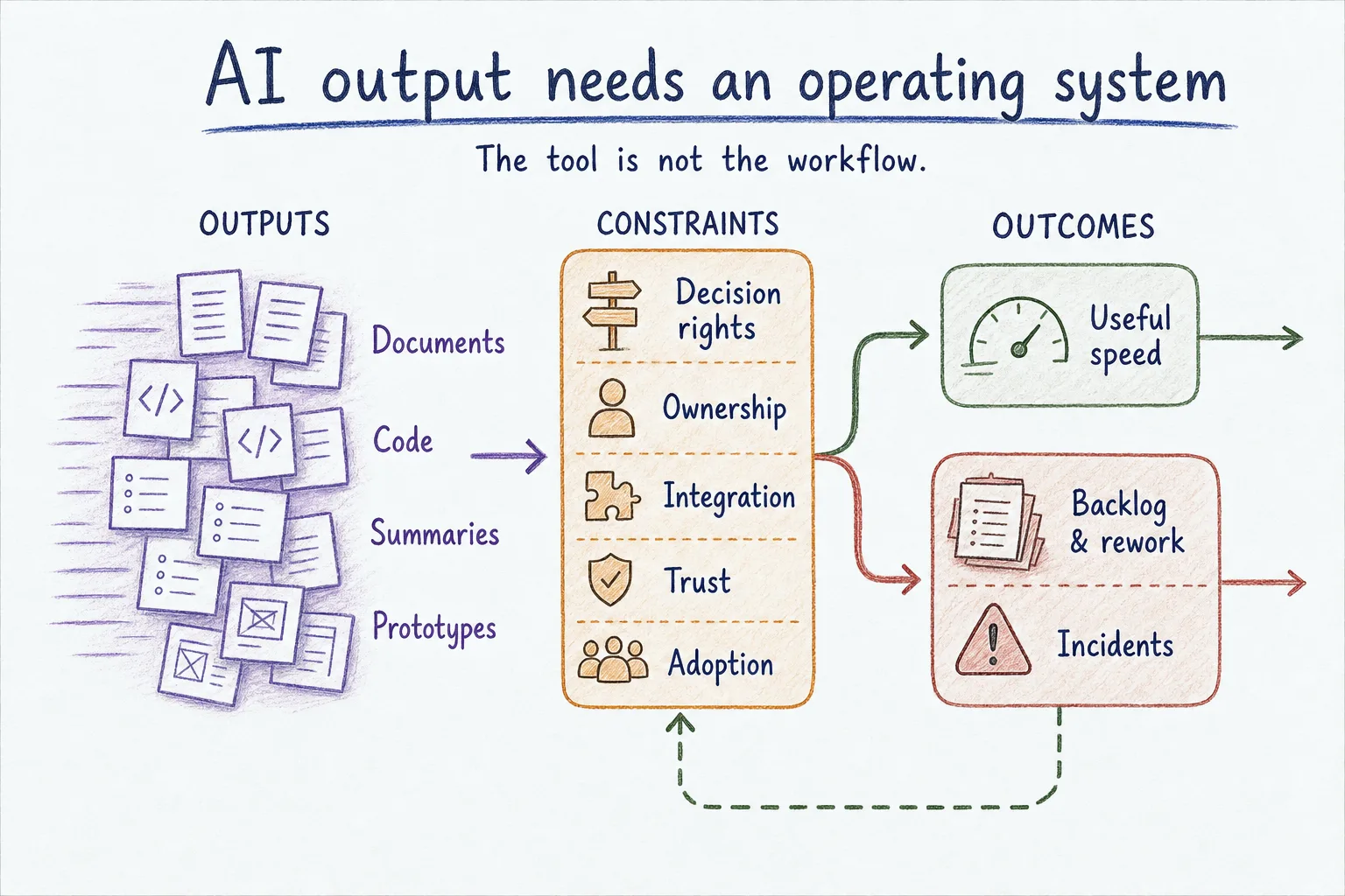 Diagram linking AI outputs (documents, code, summaries, analyses, prototypes) to the six organizational bottlenecks, which lead either to useful speed or to backlog, rework, and incidents.