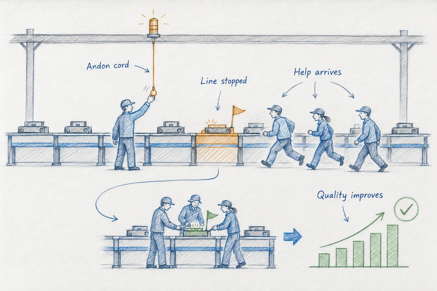 Hand-drawn factory line: a worker pulls an overhead andon cord, a lamp lights, the line halts at a flagged station, teammates converge to fix the problem together, and a small rising chart shows quality improving over time.