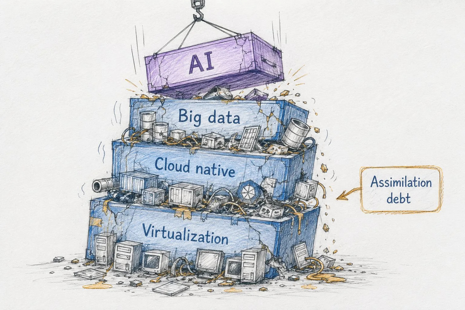 Hand-drawn stack of crates labeled virtualization, cloud native, and big data, each crammed with un-retired leftovers, with a cracked AI crate being lowered on top and the whole pile leaning; a label points to it reading assimilation debt.