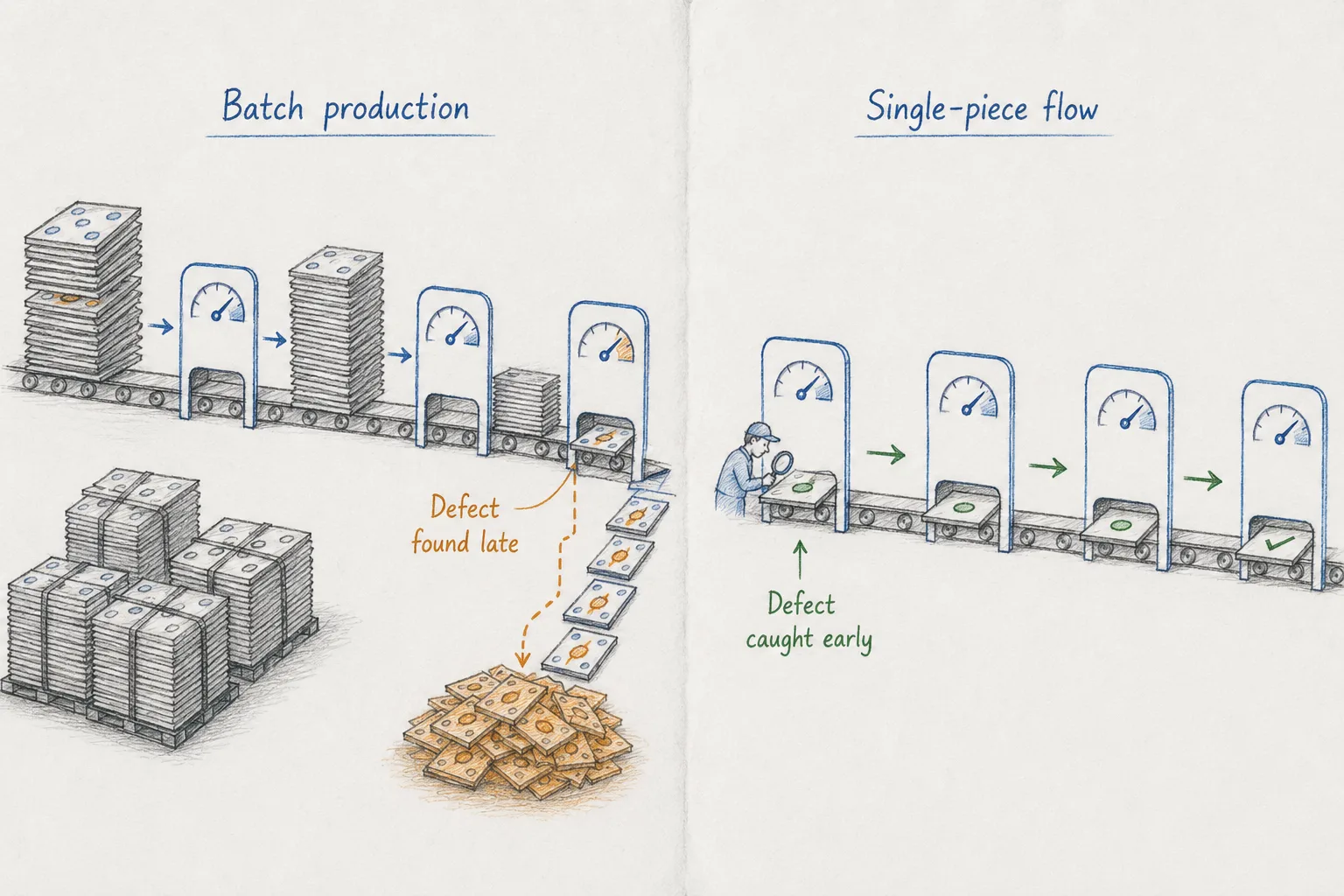 Side-by-side notebook sketch: on the left, batch production moves work in large stacks and a defect is discovered far downstream, ending in a pile of rework; on the right, single-piece flow moves one item at a time and a defect is caught immediately at the first station.