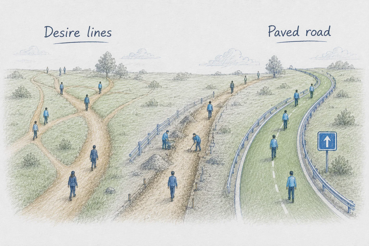 Notebook sketch across a grassy field: worn footpaths where many people have walked the same route on the left, the most-used line being reinforced and paved in the middle, and a finished paved road with a sign on the right.