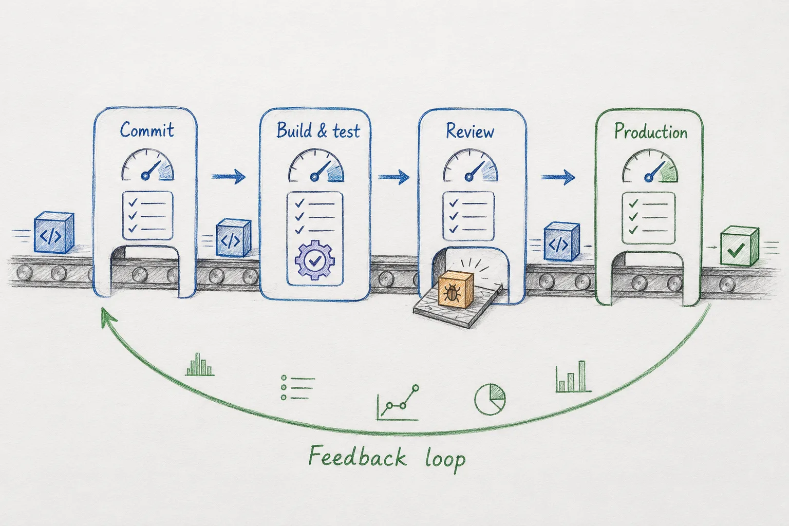 Hand-drawn assembly line of inspection stations — commit, build and test, review, production — with a code change moving along it, one station catching a flawed item, and a feedback loop arcing back from production to commit carrying telemetry.