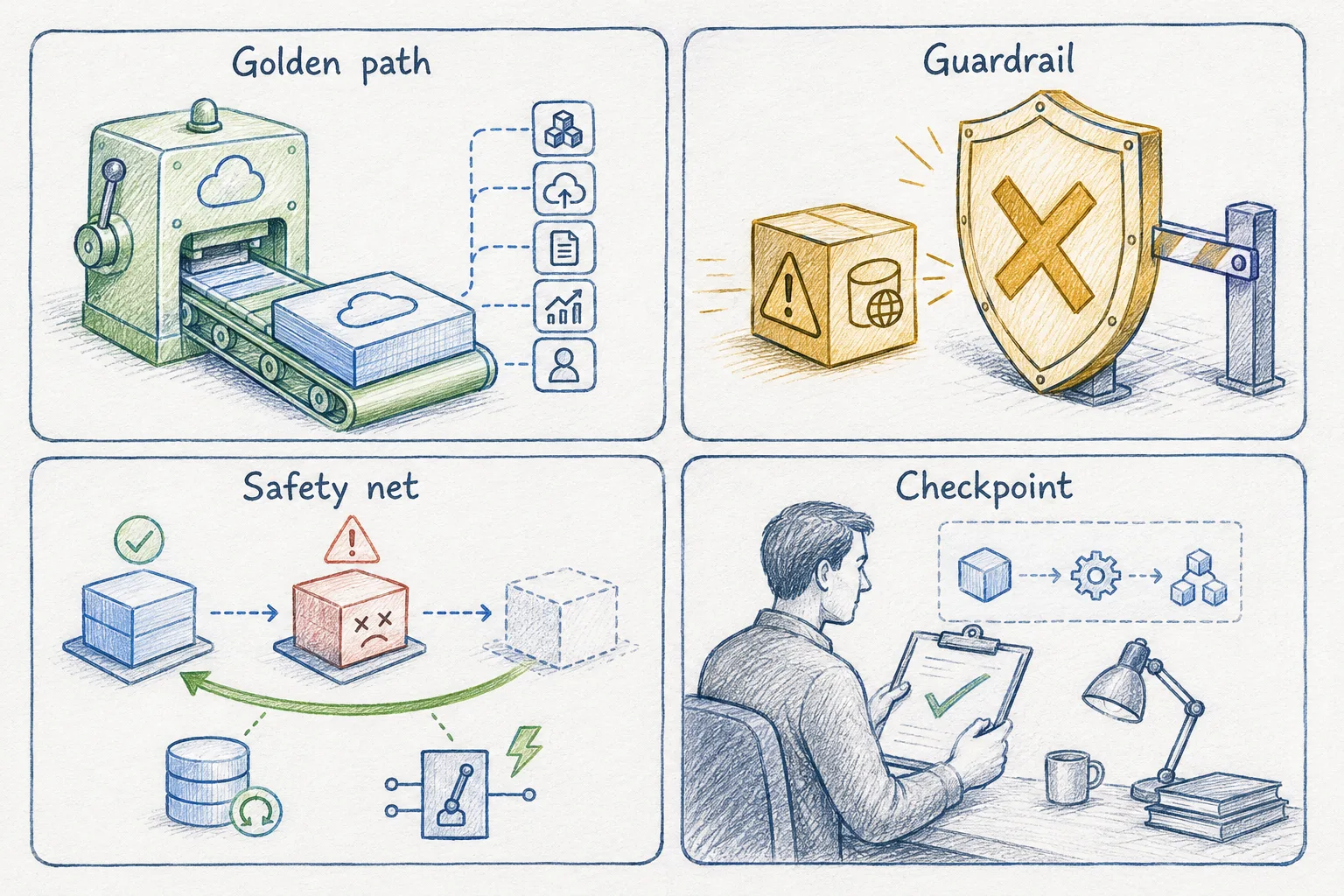 Four hand-drawn panels of platform mechanics: a golden-path service generator stamping a ready-made service with build, deploy, logs, metrics, and owner tags; a guardrail shield hard-blocking a dangerous change; a safety net rolling a failed release back to the last good version with backup and circuit-breaker hints; and a checkpoint reviewer approving a non-routine change.