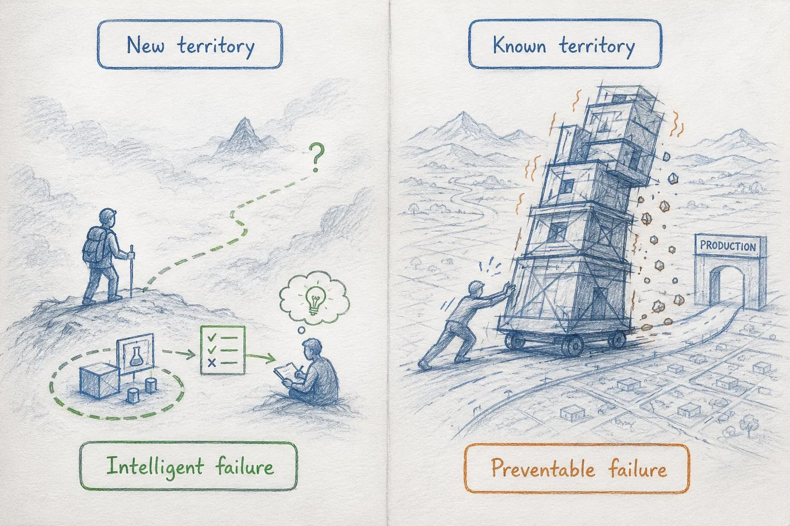 Side-by-side notebook sketch: on the left, a hiker runs a small bounded experiment in foggy new territory and learns from it; on the right, someone shoves a tall, wobbling unfinished structure toward a gate marked production on familiar mapped ground, about to collapse.