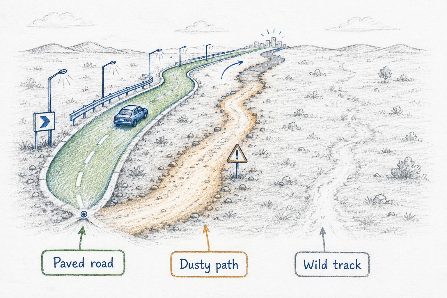 Notebook landscape: from a shared origin, a fully paved road with signs and lights, a rougher dusty gravel path with a caution sign, and a faint trackless route across open ground, all heading toward the same destination.