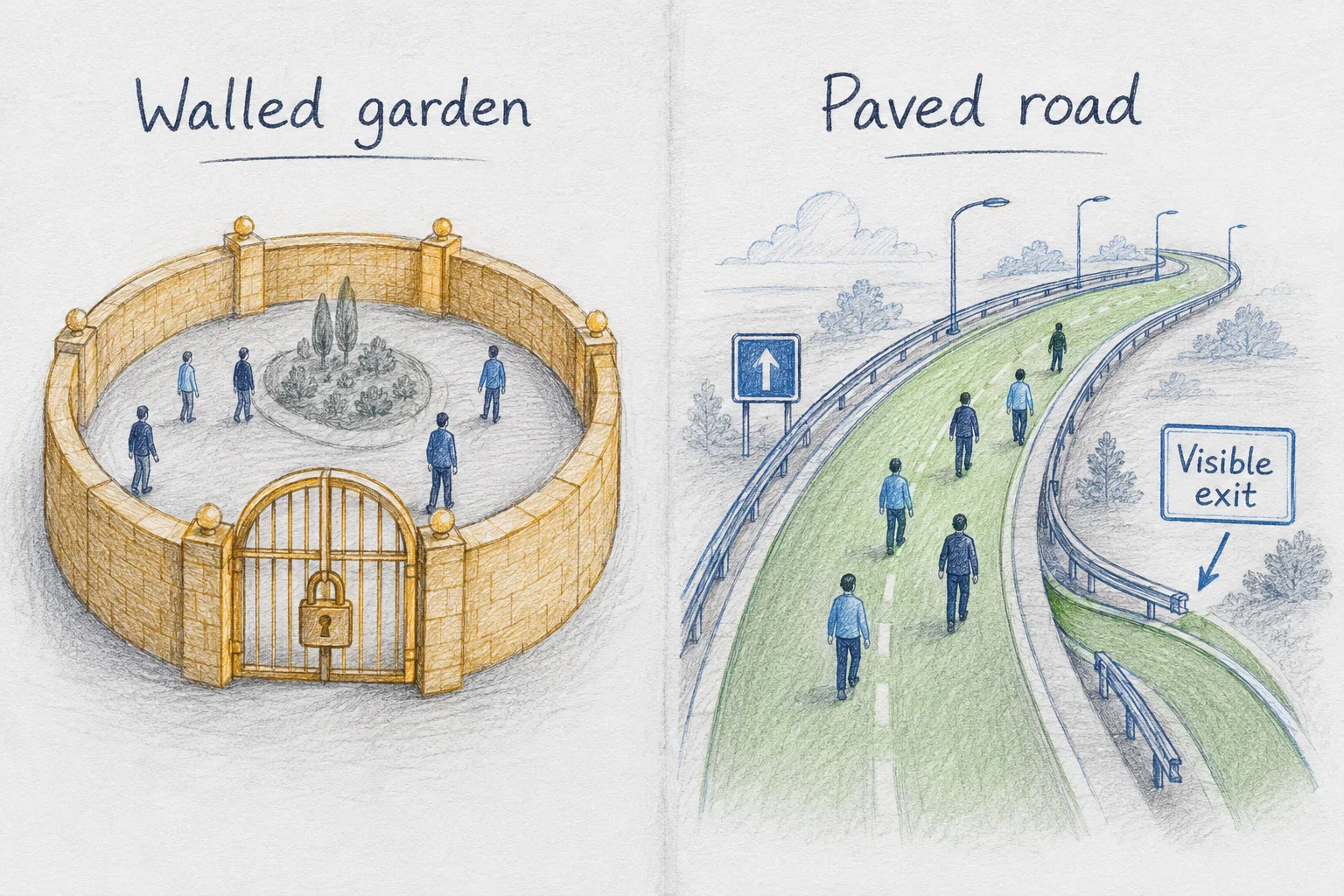 Side-by-side notebook sketch: on the left, a walled garden with a single locked gate and teams enclosed inside; on the right, an open paved road with signs, lights, and guardrails that teams walk willingly, with a clearly marked visible exit leaving it.