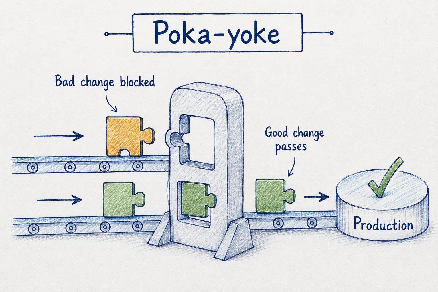 Hand-drawn shape-sorter gate on a conveyor: a malformed puzzle-piece change cannot fit through and is blocked, while a correctly shaped change slots through cleanly and continues to production.