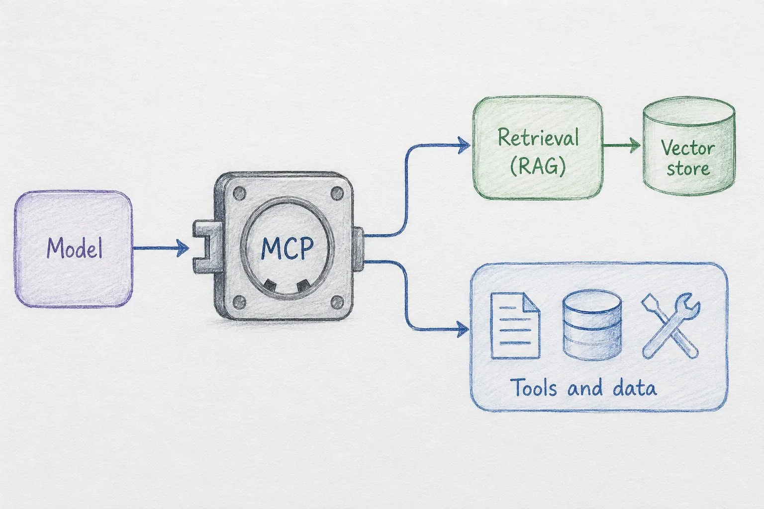 Hand-drawn architecture: a model connects through a single socket labeled MCP, which reaches a retrieval service labeled RAG with a vector store behind it, alongside files, a database, and tools.