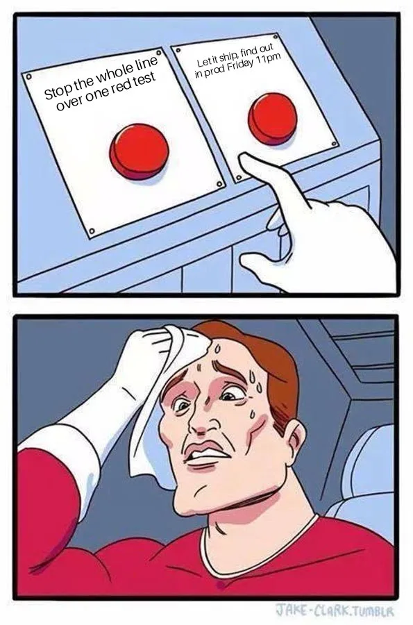 Two Buttons meme: a sweating person agonizing over two buttons labeled 'Stop the whole line over one red test' and 'Let it ship, find out in prod Friday 11pm'.