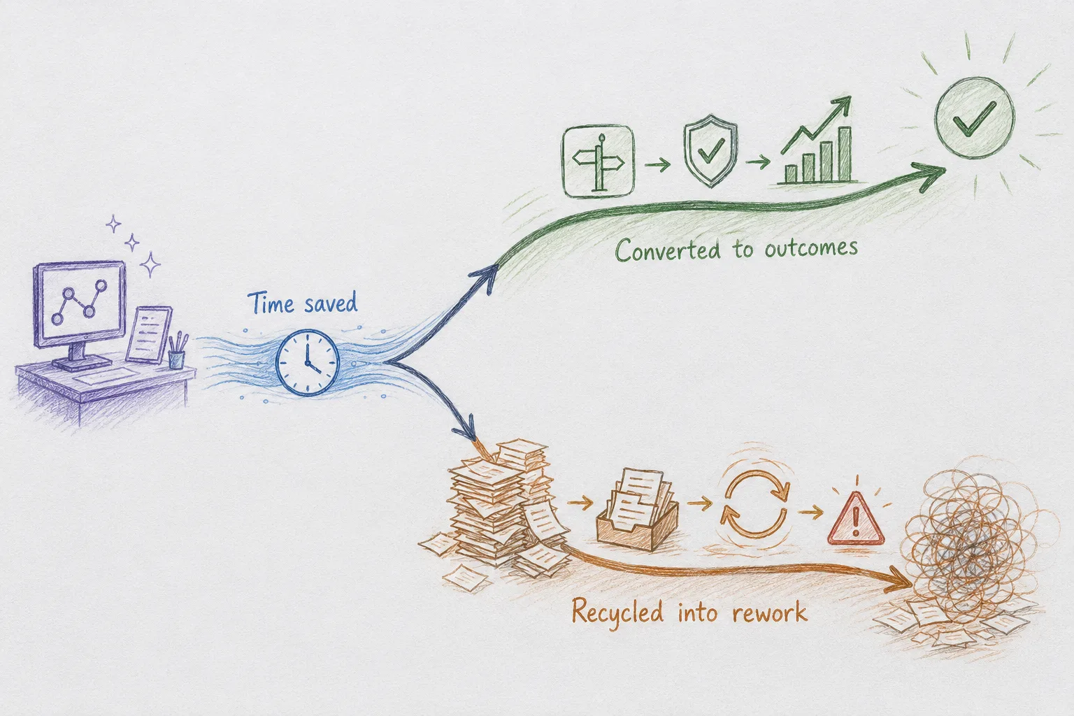 Hand-drawn fork: a stream labeled time saved flows from an AI workstation and splits in two: an upper green path runs through a decision, a quality check, and a rising chart to a validated outcome; a lower amber path runs through a backlog tray, looping rework, and an incident warning into a tangled mess.